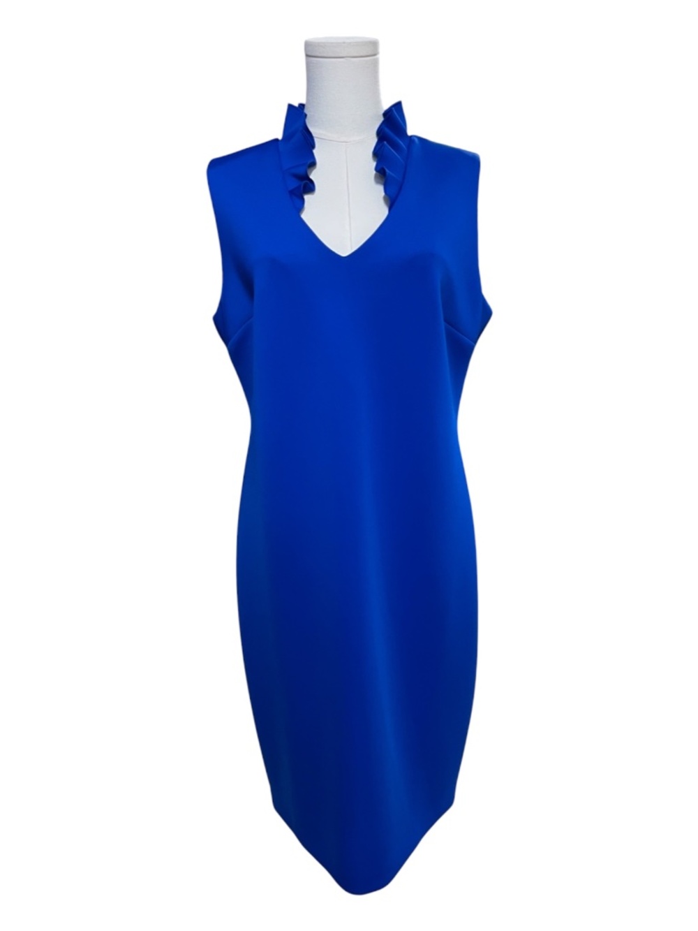 EUC Calvin Klein Cobalt Blue Ruffle Neck Sheath Dress | Size 14